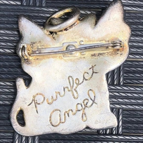 Vintage AJMC Kitty Cat Angel Pin Halo Wings Bell Red Gold Silver 2"… - Picture 2 of 2